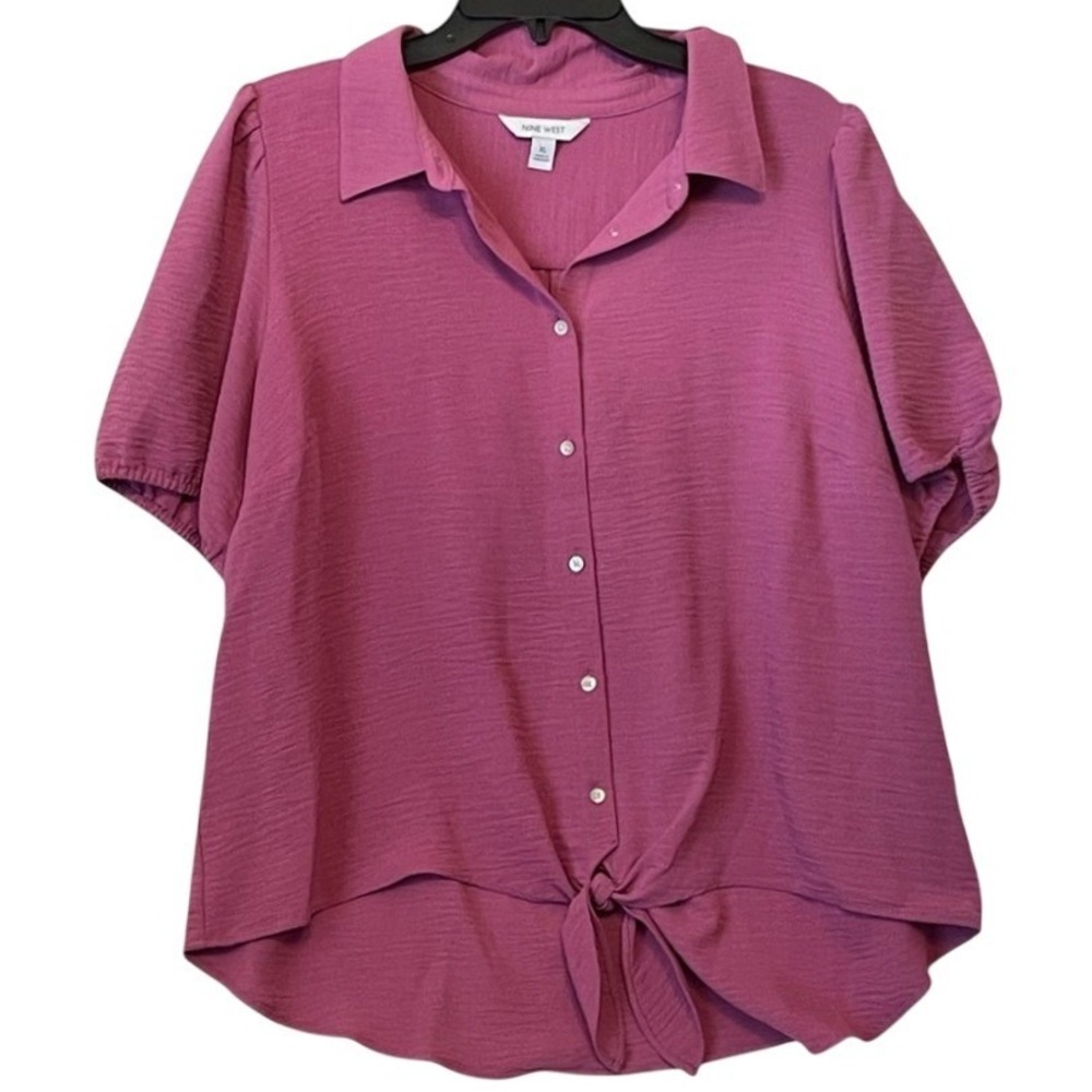 Nine‎ West Short Sleeve Shirt XL Mauve Pink Button Down Front Tie Puff Sleeve